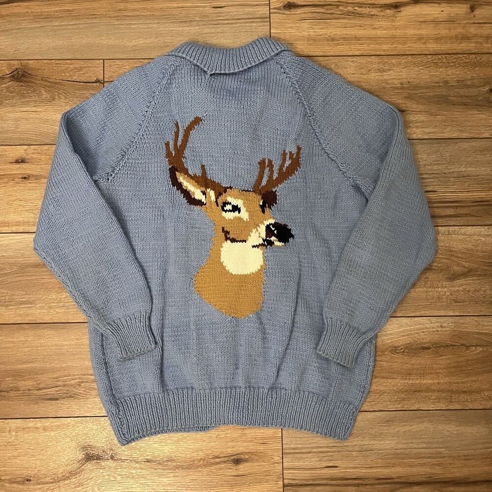 Vintage Deer Buck Blue Chunky Knit Button Up Cowichan Wool Cardigan Sweater L-XL